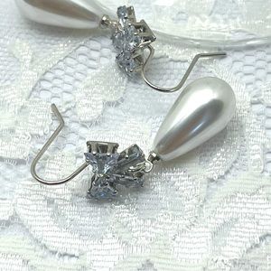 Handmade Pearl Teardrop Silver Rhinestone Sparkly Earrings